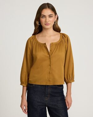 Cotton Voile Scoop Neck Balloon Sleeve Button Front Top