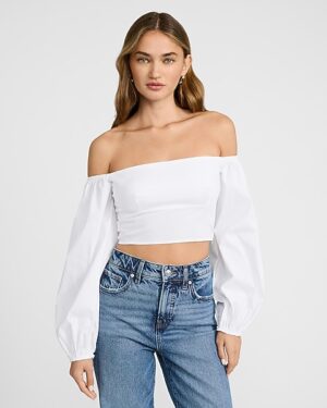Poplin Off The Shoulder Long Sleeve Cropped Top