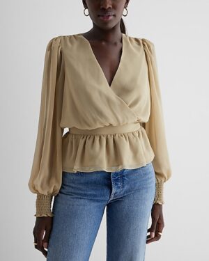 V-Neck Smocked Cuff Peplum Top