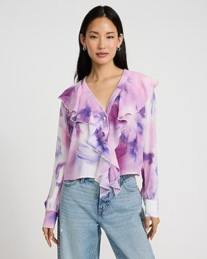 Printed Ruffle Front Long Sleeve Top