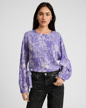 Printed Crew Neck Long Sleeve Side Tie Top