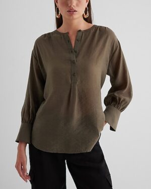 Gathered Sleeve Half Button Up Shirt