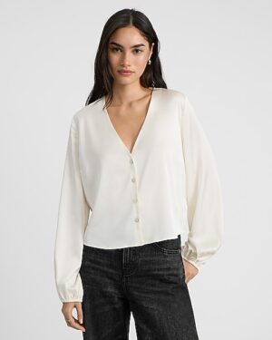 V-Neck Balloon Sleeve Button Up Shirt