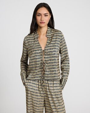 Printed Collared Long Sleeve Tie Front Top
