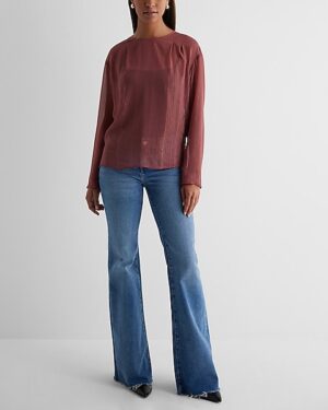 Metallic Sheer Gathered Shoulder Long Sleeve Top