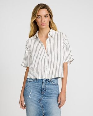Gauze Striped Short Sleeve Cropped Boyfriend Shirt