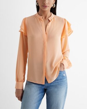 Relaxed Gathered Neck Ruffle Shoulder Portofino Shirt