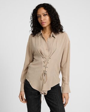 Striped Lace Up Cinched Waist Boyfriend Portofino Shirt