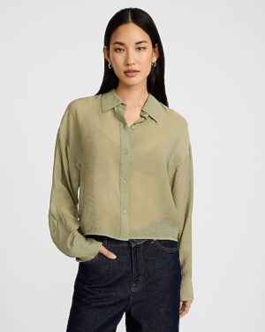 Crinkled Rayon Sheer Cropped Boyfriend Shirt