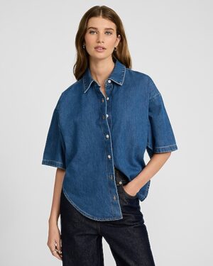 Medium Wash Denim Short Sleeve Boyfriend Shirt