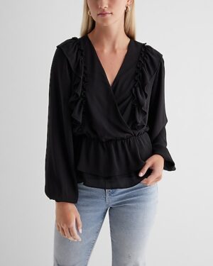 V-Neck Faux Wrap Flutter Ruffle Peplum Top