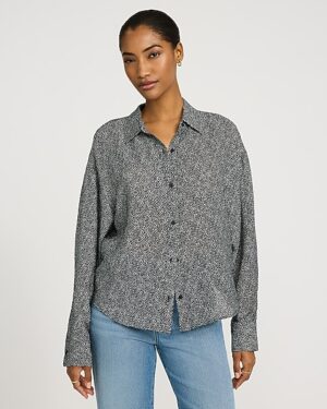 Crinkled Rayon Printed Tie Back Boyfriend Shirt