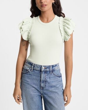 Ribbed Crew Neck Flutter Sleeve Bodysuit