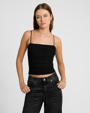 Mesh Square Neck Ruched Cropped Cami